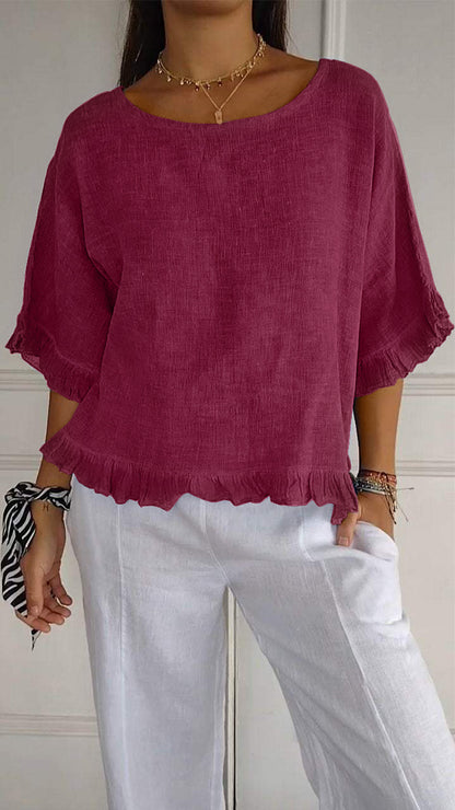 🔥🎁Round Neck Ruffled Hem Mid-sleeve Cotton and Linen Top