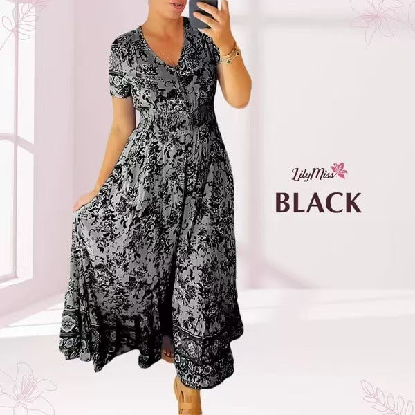 🔥LAST DAY 70% OFF🔥Boho Floral Print Short Sleeve V Neck Elegant Maxi Dress 🔥 (Buy 2 Free Shipping)