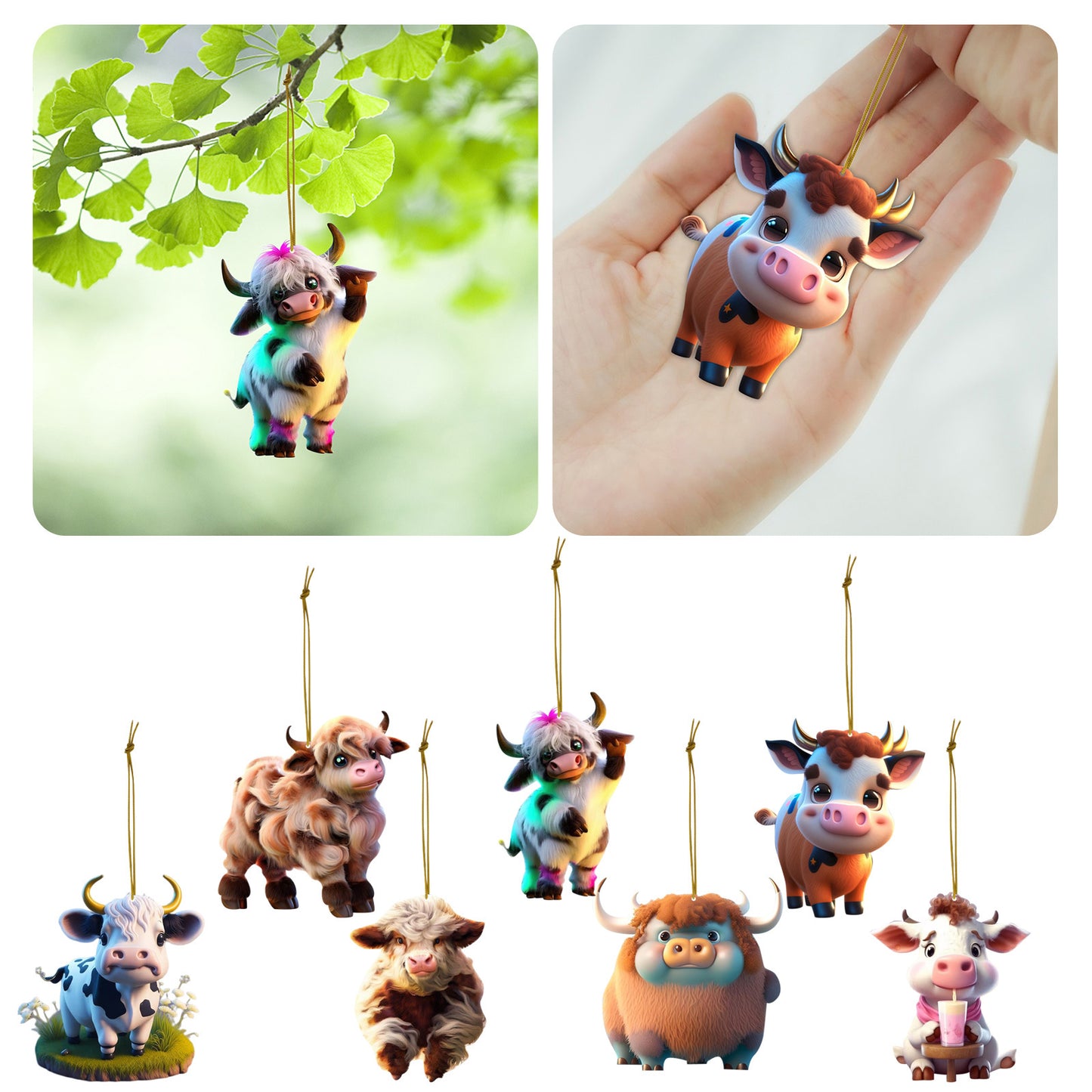 💝Mignon dessin animé vache voiture pendentif décoration d'arbre de maison, ornement d'arbre de Noël✨