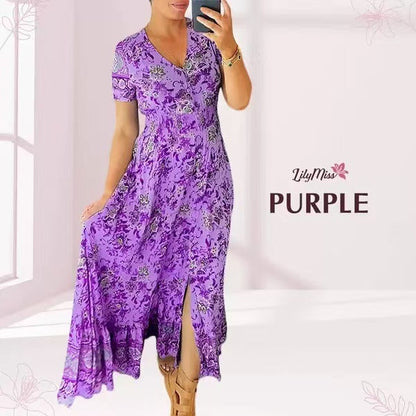 🔥LAST DAY 70% OFF🔥Boho Floral Print Short Sleeve V Neck Elegant Maxi Dress 🔥 (Buy 2 Free Shipping)