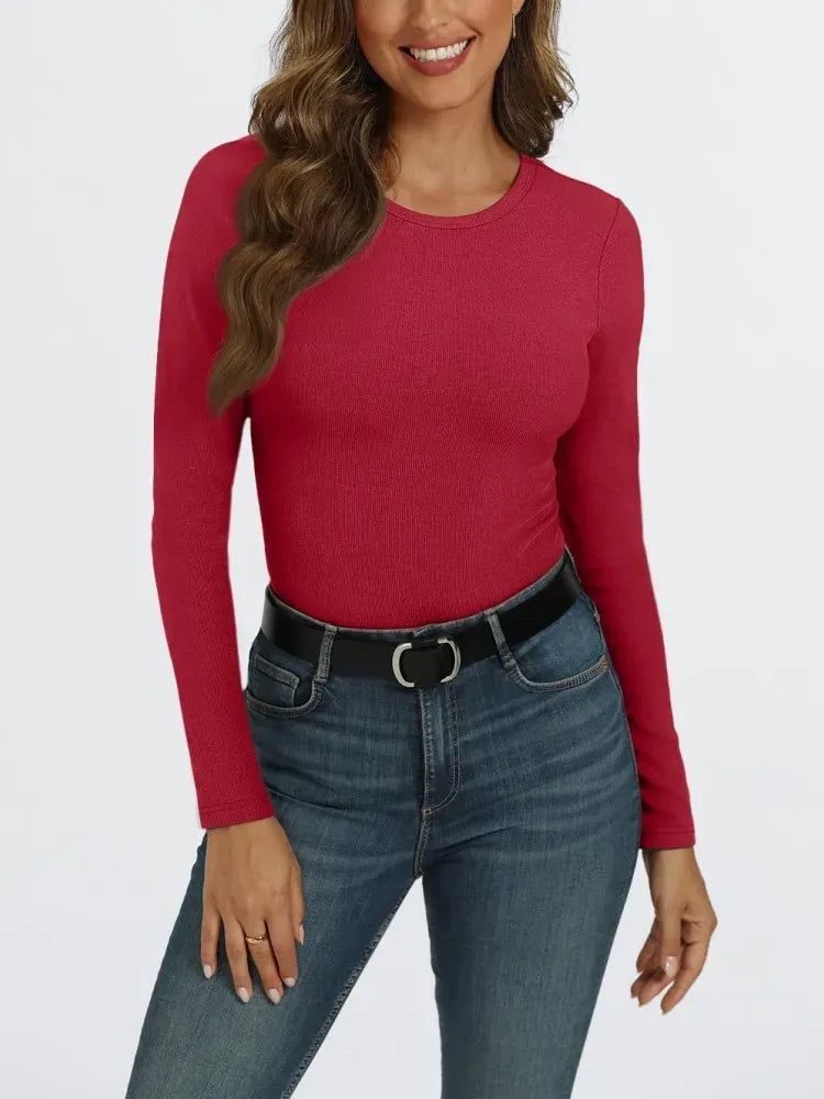 Women's Long Sleeve Stretch Slim Round Neck Ribbed Basic Shirts (BUY 3 FREE SHIPPING)