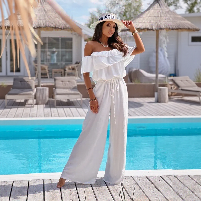 Sydney™ Off-the-Shoulder Jumpsuit with Ruffles and Flowing Pants / Visual Impact with Absolute Comfort!