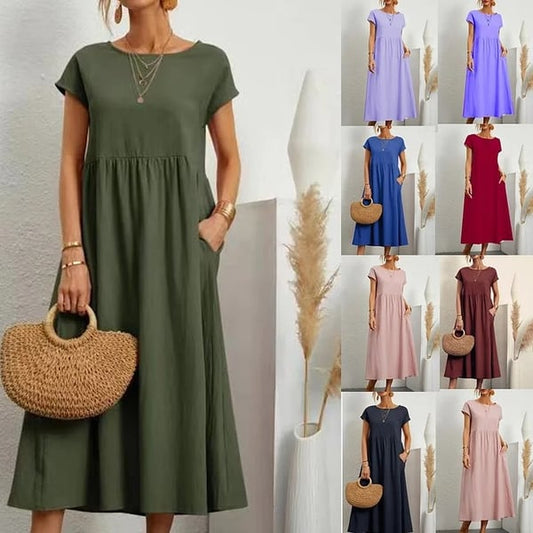 🔥Women's Solid Color Sleeveless Loose Cotton Pocket Dress