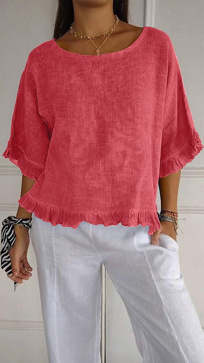 🔥🎁Round Neck Ruffled Hem Mid-sleeve Cotton and Linen Top