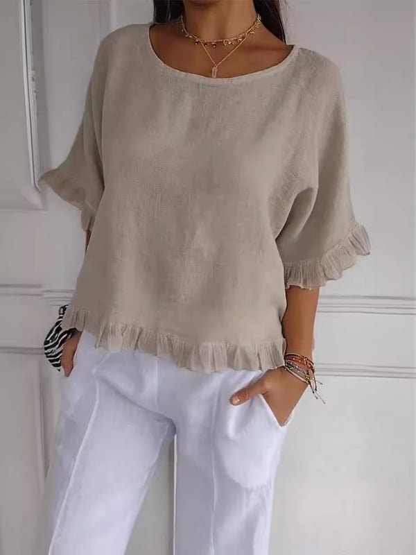 🔥🎁Round Neck Ruffled Hem Mid-sleeve Cotton and Linen Top