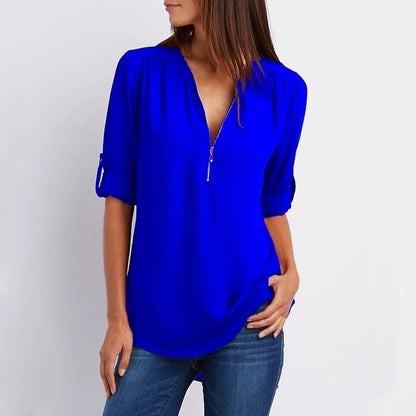 Plus Size Loose 3/4 Sleeve Zipper Blouse (Buy 3 Free Shipping)