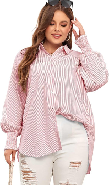 🔥Last Day Sale 70% OFF🏆️Mid-length smocked shirt with striped lapel and oversized drawdown sleeves