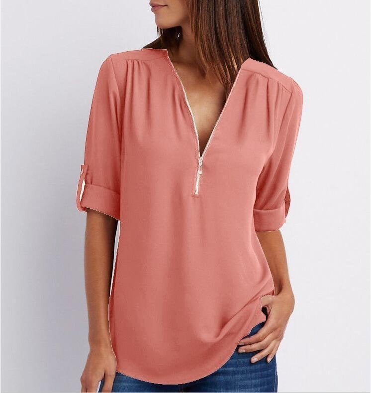 Plus Size Loose 3/4 Sleeve Zipper Blouse (Buy 3 Free Shipping)