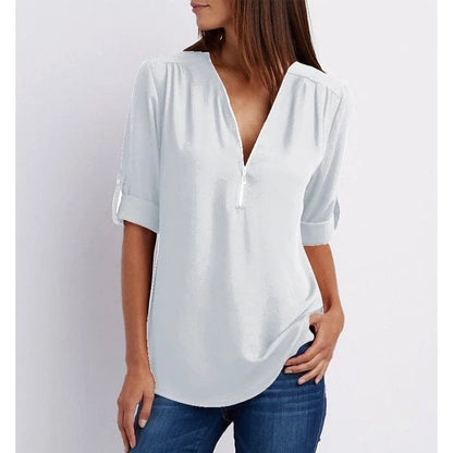 Plus Size Loose 3/4 Sleeve Zipper Blouse (Buy 3 Free Shipping)