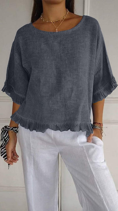 🔥🎁Round Neck Ruffled Hem Mid-sleeve Cotton and Linen Top