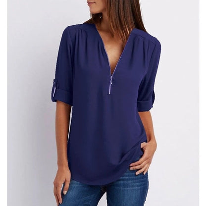 Plus Size Loose 3/4 Sleeve Zipper Blouse