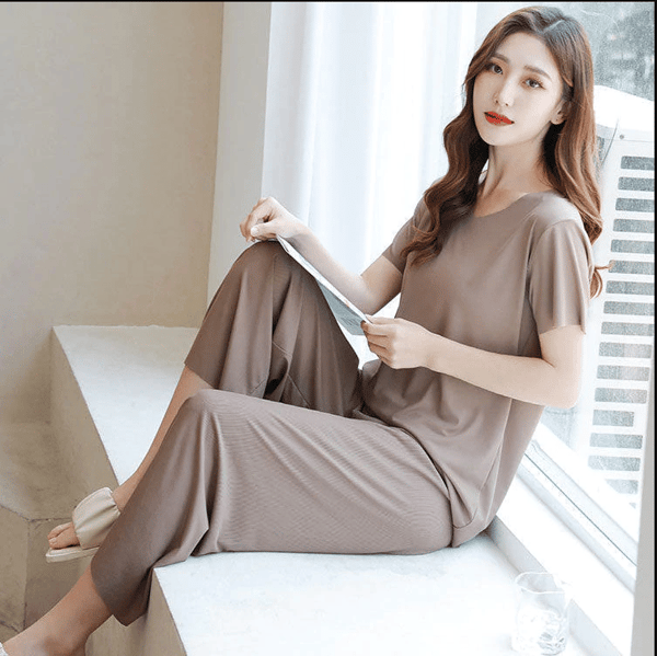 🎉LAST DAY 70% OFF - 🔥Soft Comfortable Ice Silk Short Sleeve T-Shirt Two Piece Set Loose Wide-leg Pants