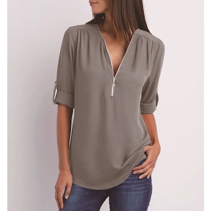 Plus Size Loose 3/4 Sleeve Zipper Blouse (Buy 3 Free Shipping)