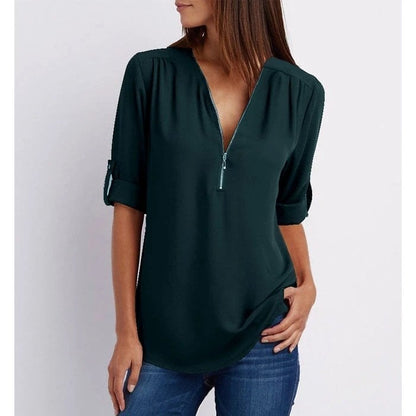 Plus Size Loose 3/4 Sleeve Zipper Blouse (Buy 3 Free Shipping)