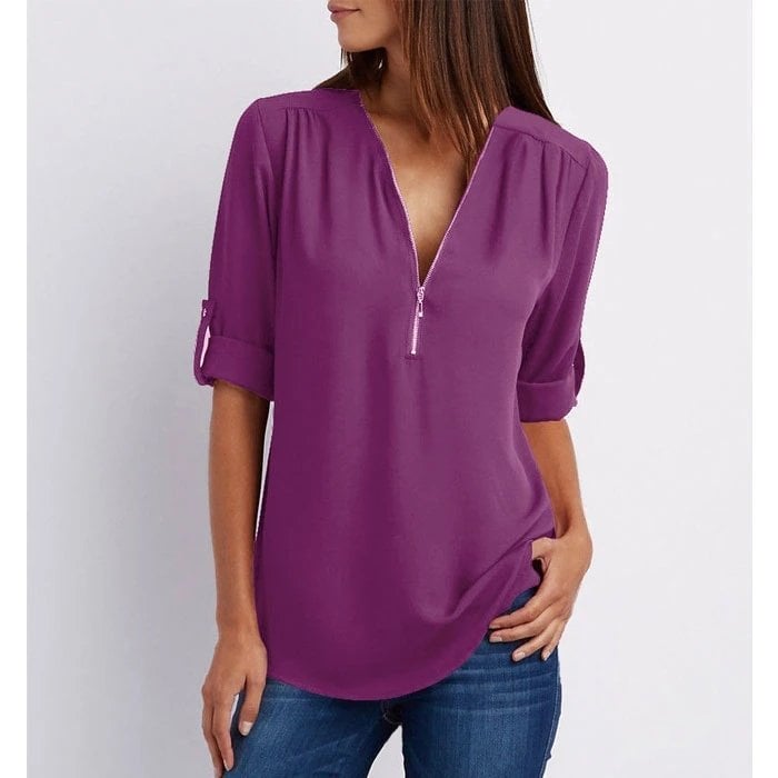 Plus Size Loose 3/4 Sleeve Zipper Blouse