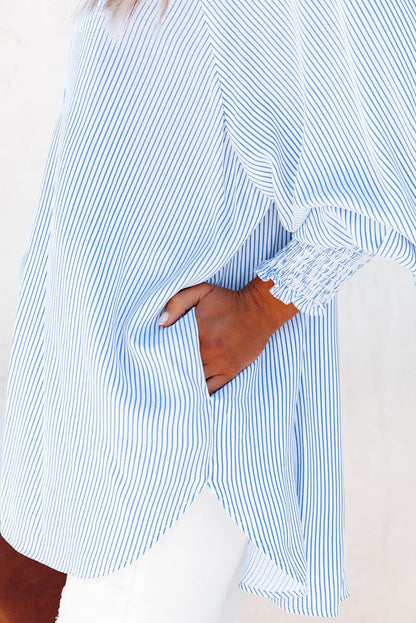 🔥Last Day Sale 70% OFF🏆️Mid-length smocked shirt with striped lapel and oversized drawdown sleeves