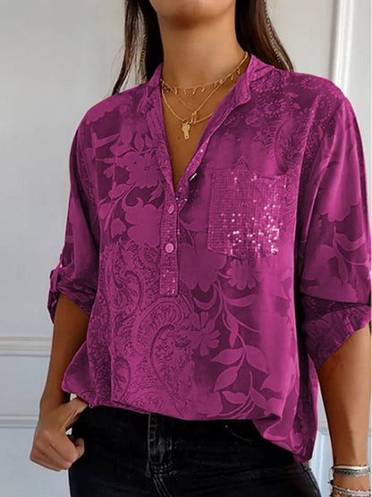 Botanical Floral Print Casual Fashion Sequin Pocket Women Shirt Top