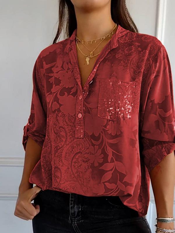 Botanical Floral Print Casual Fashion Sequin Pocket Women Shirt Top