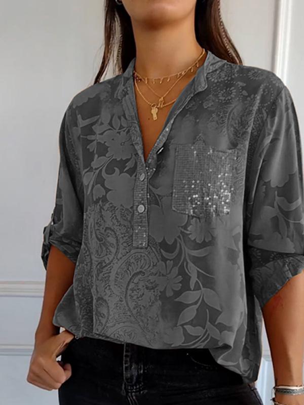 Botanical Floral Print Casual Fashion Sequin Pocket Women Shirt Top