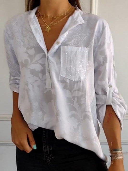 Botanical Floral Print Casual Fashion Sequin Pocket Women Shirt Top