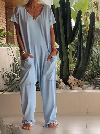 Casual V-neck Solid Color Jumpsuit (Buy 2 Free Shipping)