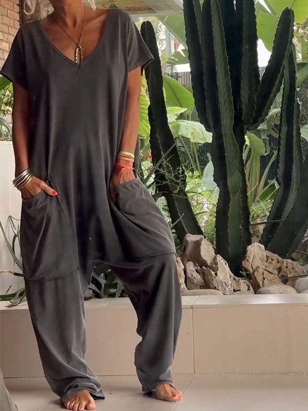 Casual V-neck Solid Color Jumpsuit (Buy 2 Free Shipping)