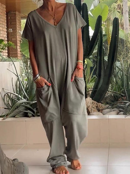 Casual V-neck Solid Color Jumpsuit (Buy 2 Free Shipping)