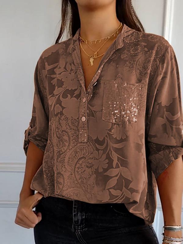 Botanical Floral Print Casual Fashion Sequin Pocket Women Shirt Top