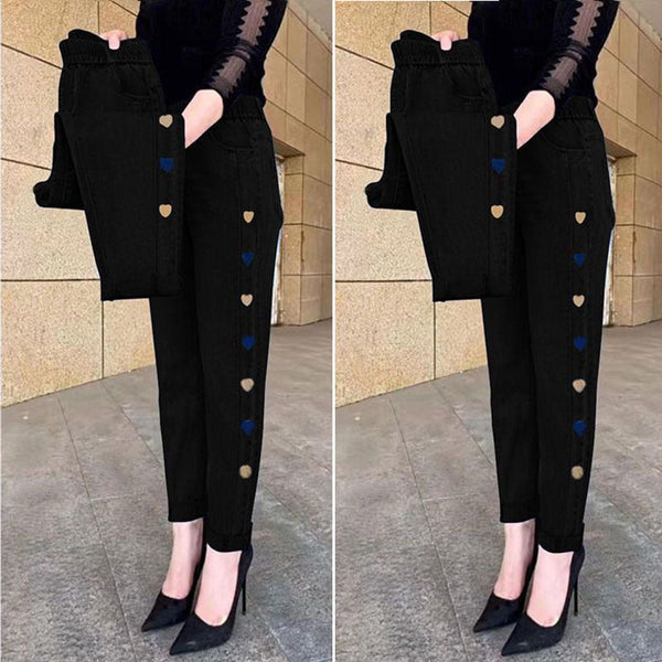 Hot sale🔥 cowboy jean high elastic heart -shaped patterns embroidered ladies trousers（🔥Buy 2 Free Shipping🔥）