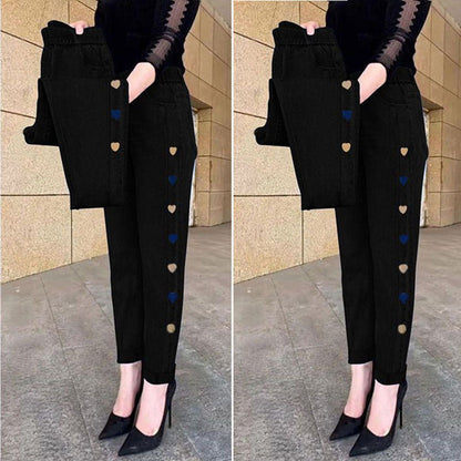 Hot sale🔥 cowboy jean high elastic heart -shaped patterns embroidered ladies trousers（🔥Buy 2 Free Shipping🔥）