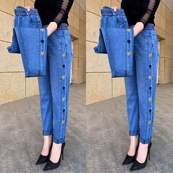 Hot sale🔥 cowboy jean high elastic heart -shaped patterns embroidered ladies trousers（🔥Buy 2 Free Shipping🔥）