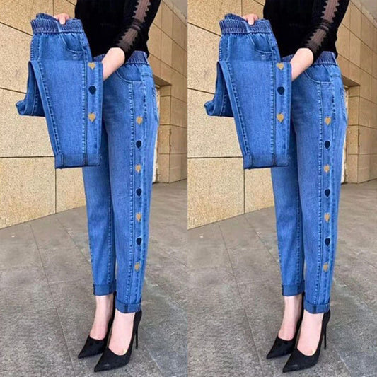 Hot sale🔥 cowboy jean high elastic heart -shaped patterns embroidered ladies trousers（🔥Buy 2 Free Shipping🔥）