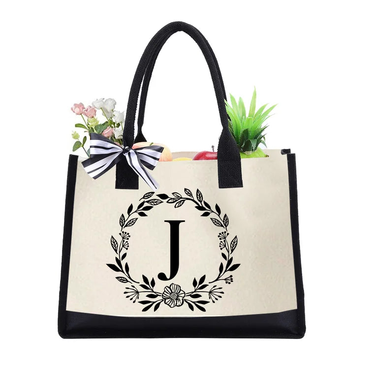 Letter Canvas Bag Women Hit Color Simple Shoulder Shopping Tote Handbag