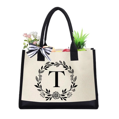 Letter Canvas Bag Women Hit Color Simple Shoulder Shopping Tote Handbag