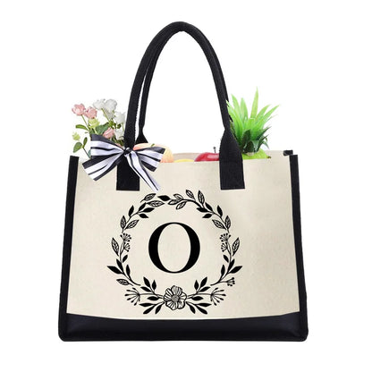 Letter Canvas Bag Women Hit Color Simple Shoulder Shopping Tote Handbag