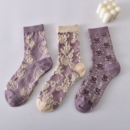 Black Friday Sale 50 % RABATT – 5 Paar violette Baumwollsocken mit Vintage-Blumenmuster für Damen