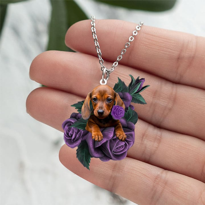 DACHSHUND IN PURPLE ROSE STAINLESS STEEL NECKLACE