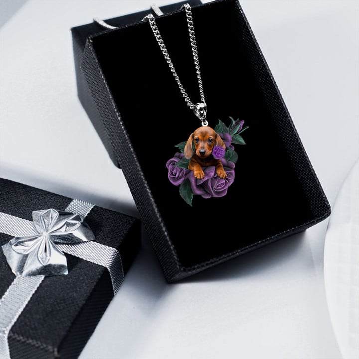 DACHSHUND IN PURPLE ROSE STAINLESS STEEL NECKLACE