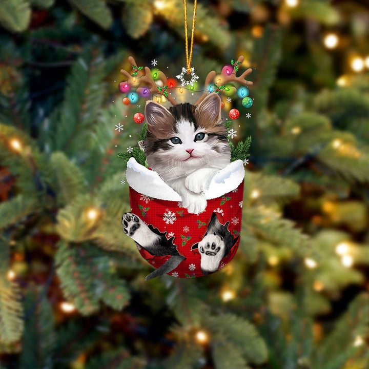 CUTE WHITE KITTY IN SNOW POCKET CHRISTMAS ORNAMENT