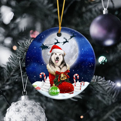 Alaskan Malamute In Santa Boot Christmas Ceramic Ornament