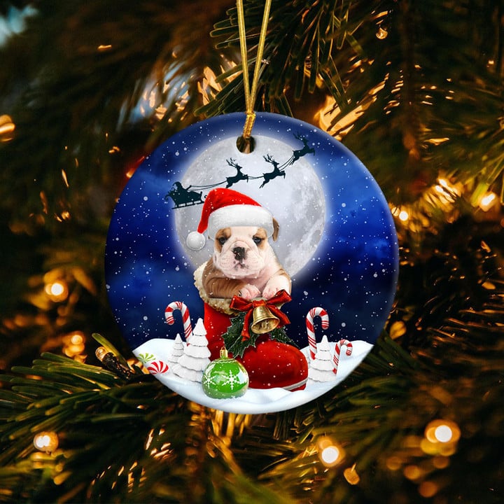 American Bulldog In Santa Boot Christmas Ceramic Ornament