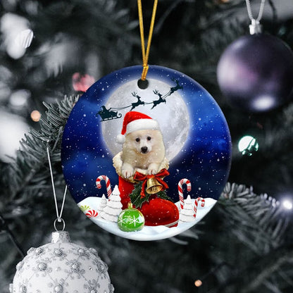 American Eskimo In Santa Boot Christmas Ceramic Ornament