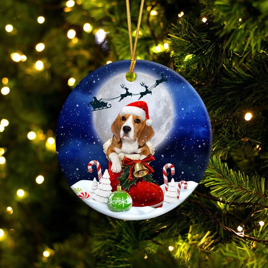 Ornement Rond En Céramique Beagle dans la botte du Père Noël 