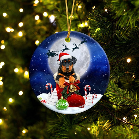 Ornement Rond En Céramique Beauceron en botte de Père Noël 