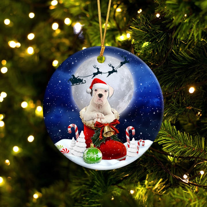 Boxer White In Santa Boot Christmas Ceramic Ornament