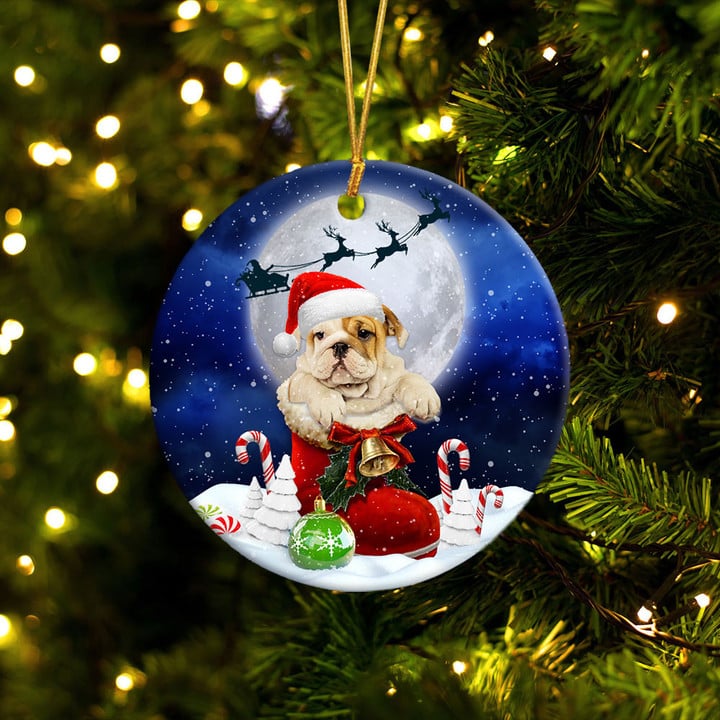 Ornement Rond En Céramique Bouledogue dans la botte du Père Noël 