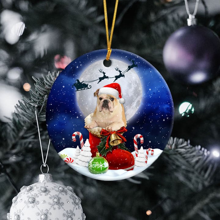 Ornement Rond En Céramique Bouledogue anglais Fawn en Santa Boot Noël 