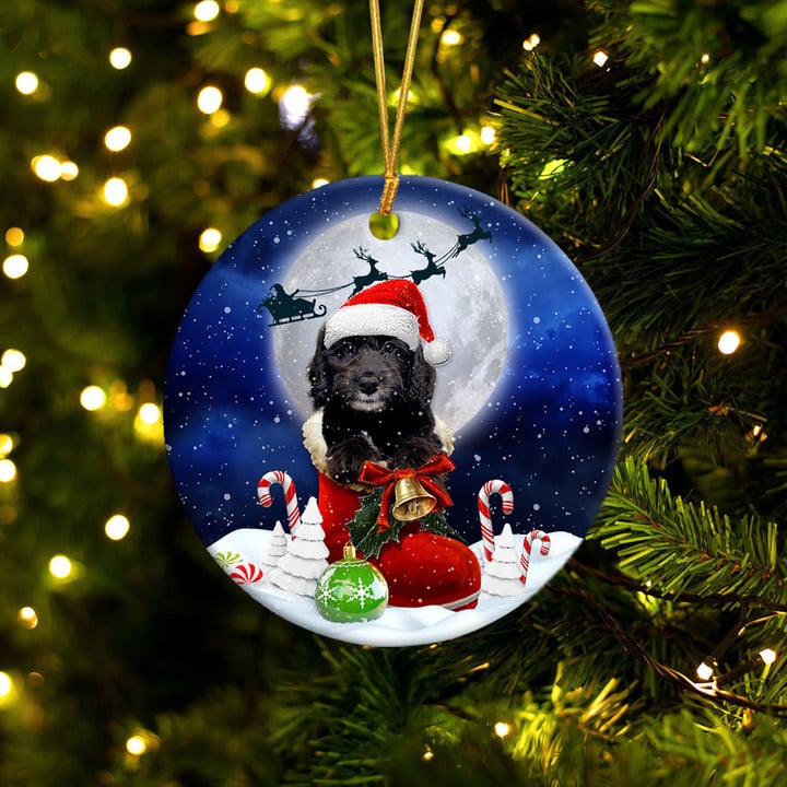 Goldendoodle Black In Santa Boot Christmas Ceramic Ornament