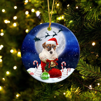 Ornement Rond En Céramique Jack Russell Terrier dans la botte du Père Noël 