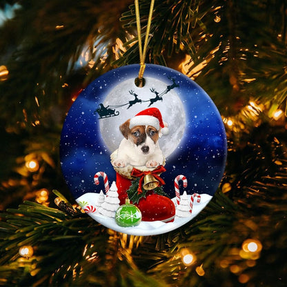 Ornement Rond En Céramique Jack Russell Terrier dans la botte du Père Noël 